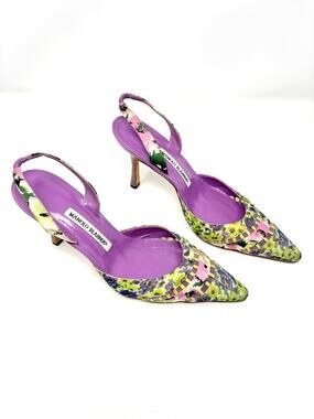 Manolo Blahnik Carolyne Floral Multicolor Slingback Kitten Heel Pumps EU 39